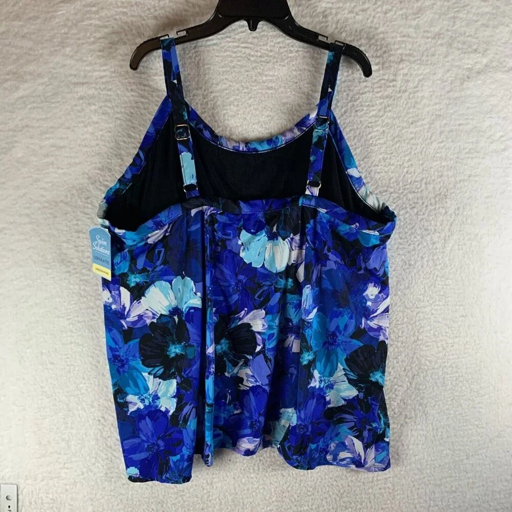 Swim‎ Solutions High-Neck Tankini Top Women's 24W Blue Floral Underwire Swimwear
